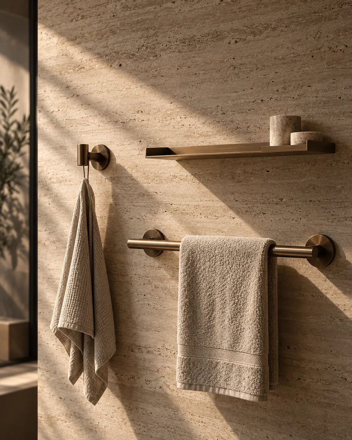 Brushed-metal bathroom accessories — a towel rail, a hook, a shelf — arranged as a still life.