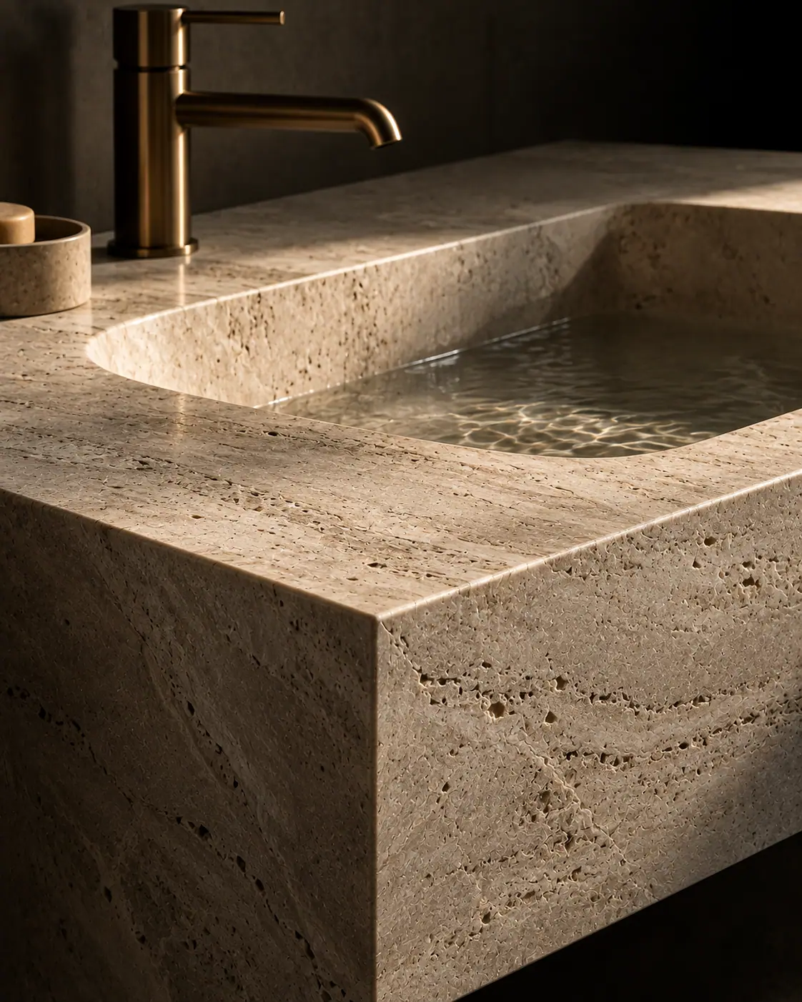 A thick stone countertop edge with a soft-formed basin cut into it, raking light across the grain.