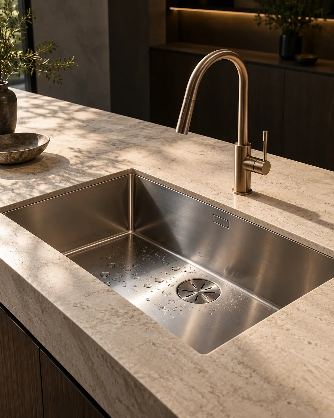 A single large stainless-steel kitchen sink set into a stone worktop, water beading on the surface.