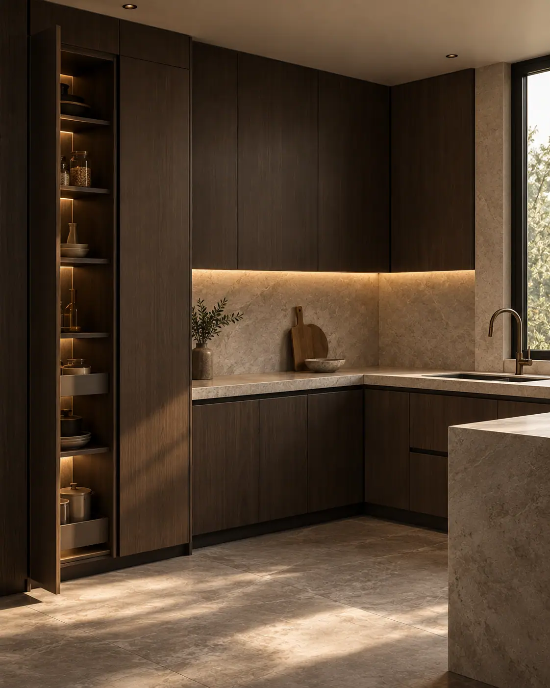 A modular kitchen in dark oak and stone, cabinetry lines running clean to the ceiling.