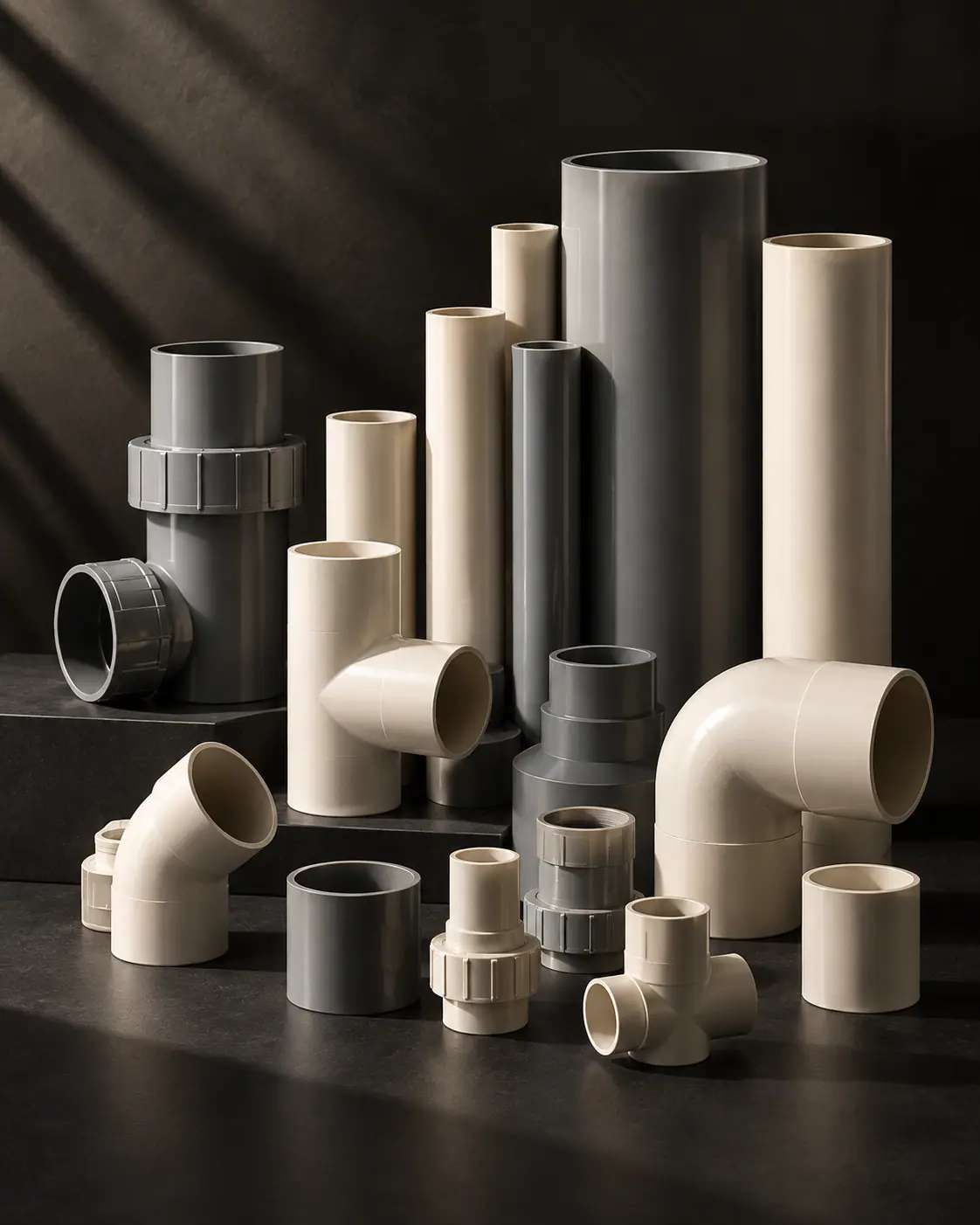 An orderly array of PVC and CPVC pipes and fittings, stacked with quiet precision.