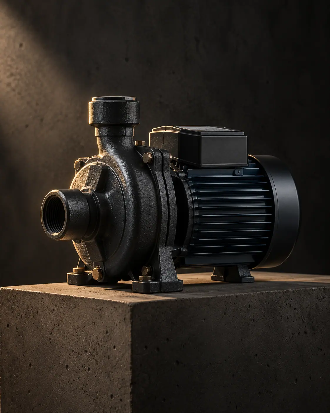 A domestic water pump lit low and dramatic, engineering treated as an object of design.