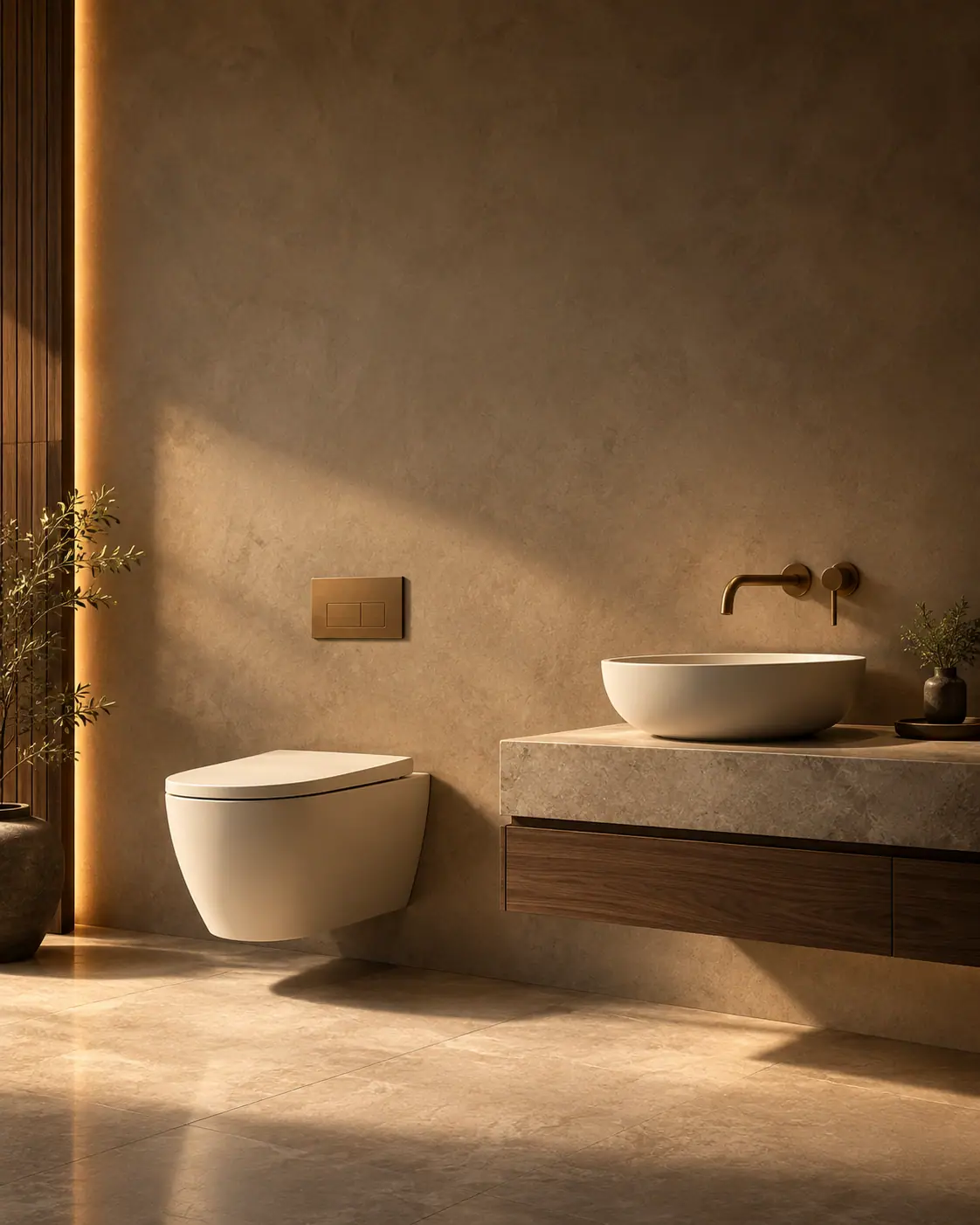 A wall-hung WC and matching basin in matte porcelain, photographed like sculpture.
