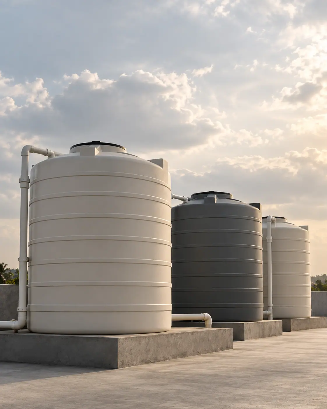 Layered water-storage tanks against a bright sky, seen as clean cylindrical forms.
