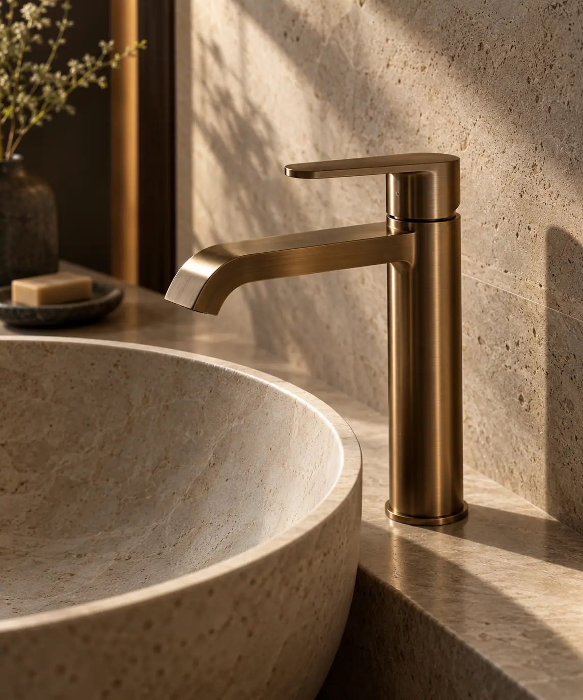 Hands adjusting a brushed-bronze basin mixer against a warm limestone wall.
